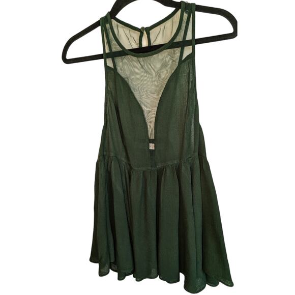 Mustard Seed Dark Green Sleeveless Top Mesh Detail Flowy Keyhole Back - Picture 1 of 9